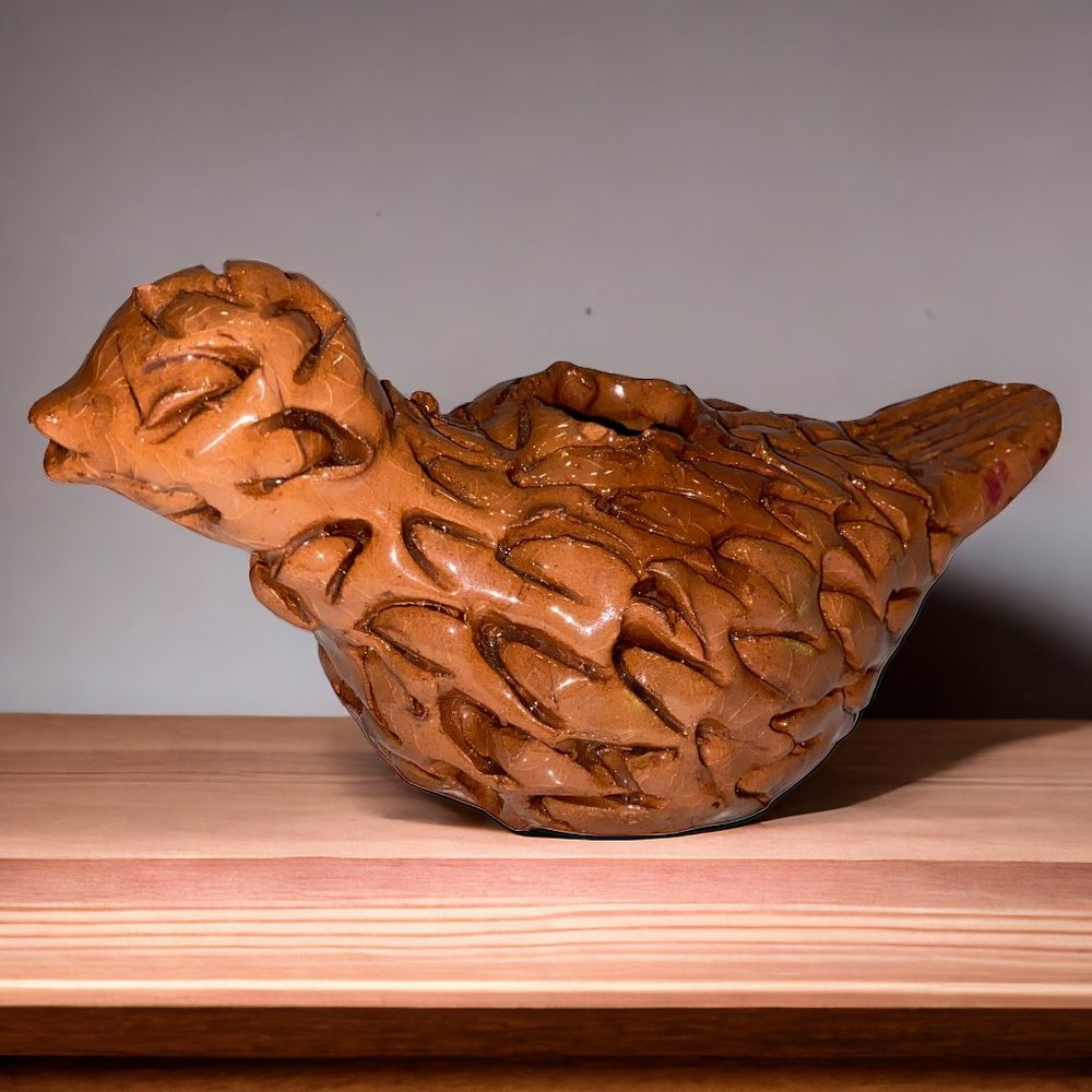 Unique Handmade Signed Red Pottery Clay Bird Candle Holder Figurine Collectible